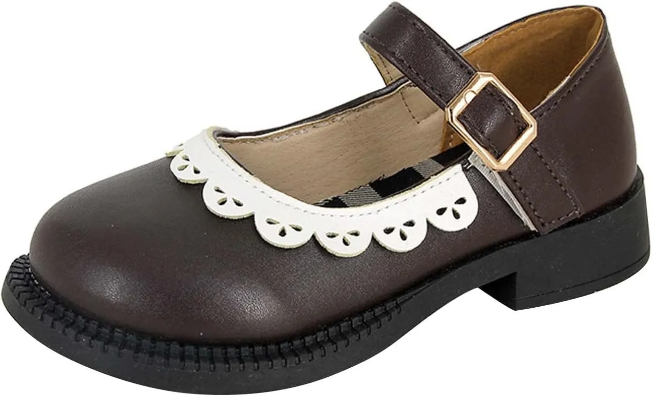 Toddler Little Girl's Ruffles Ankle Strap Mary Jane Flat, Vintage Cute Round Toe Leather niform School Shoes