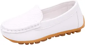 Toddler Little Kid Boys Girls No Slip On Loafers Dress Flat Shoes Soft Suede Leather Flat Boat Shoes Loafer (White, 28)