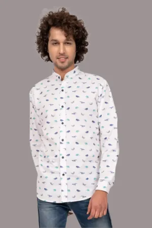 WHIE AND BLUE DINOSAUR PRINT SHIRT