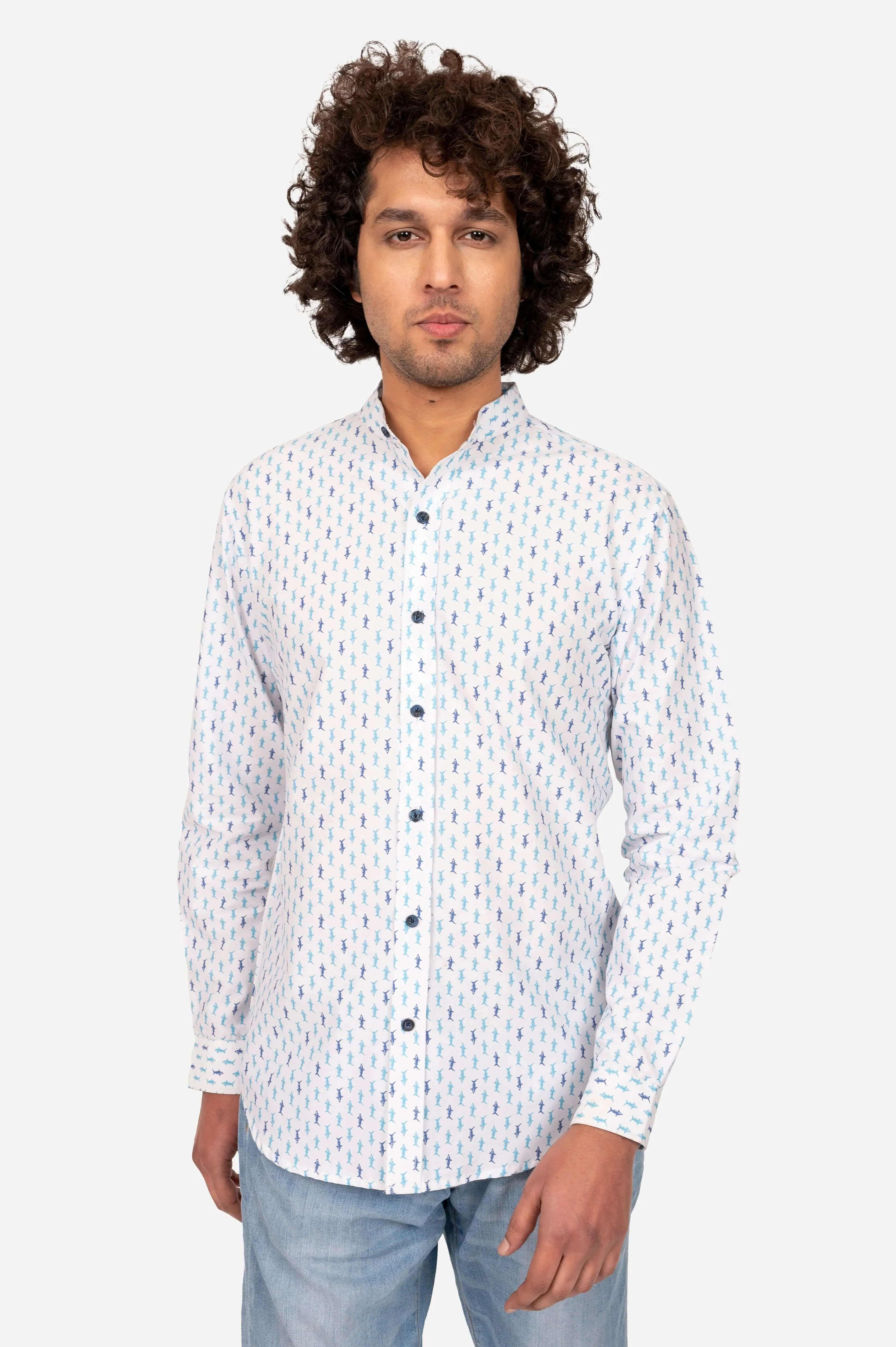 WHITE AND BLUE FISH PRINT SHIRT