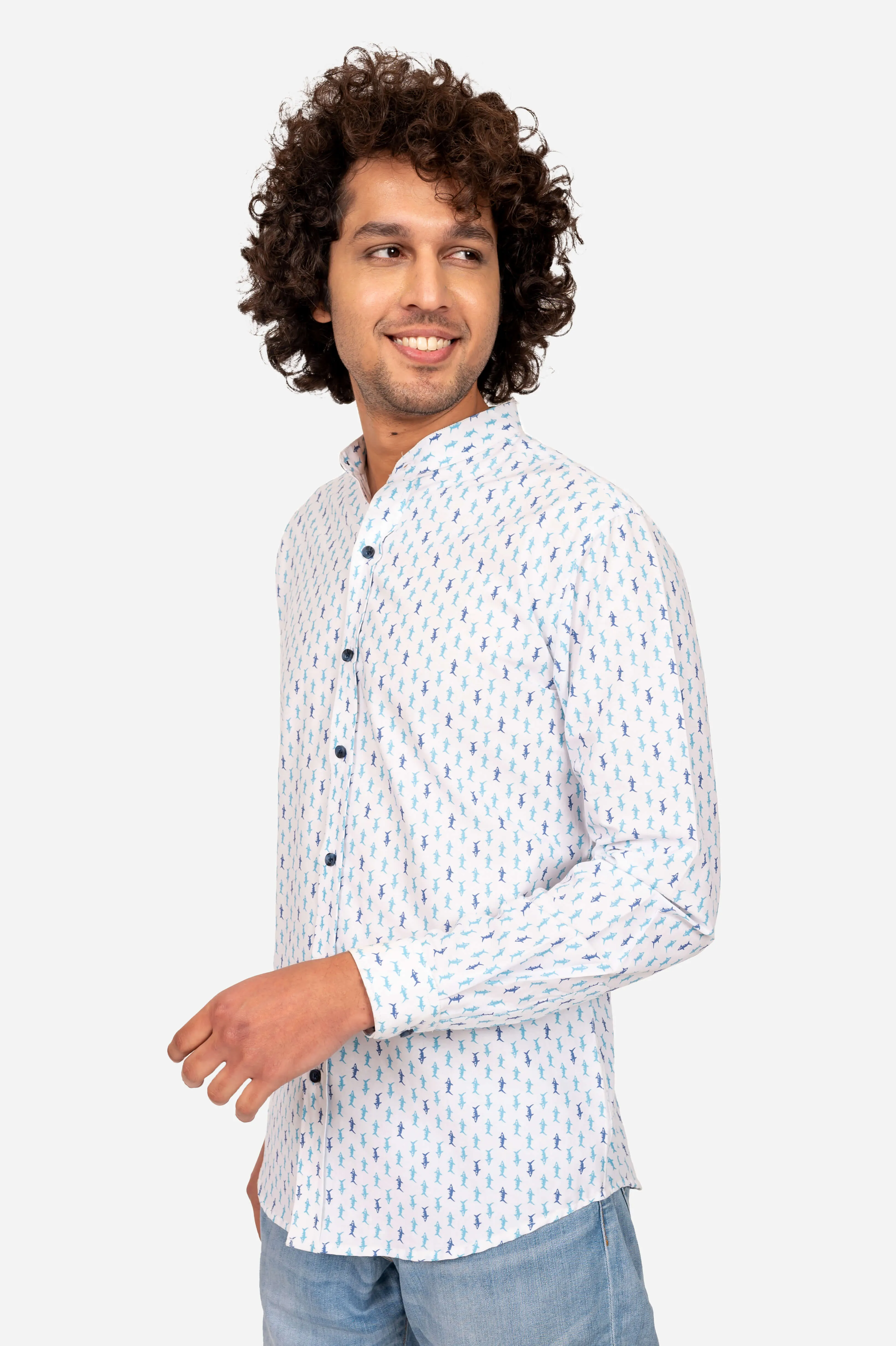 WHITE AND BLUE FISH PRINT SHIRT