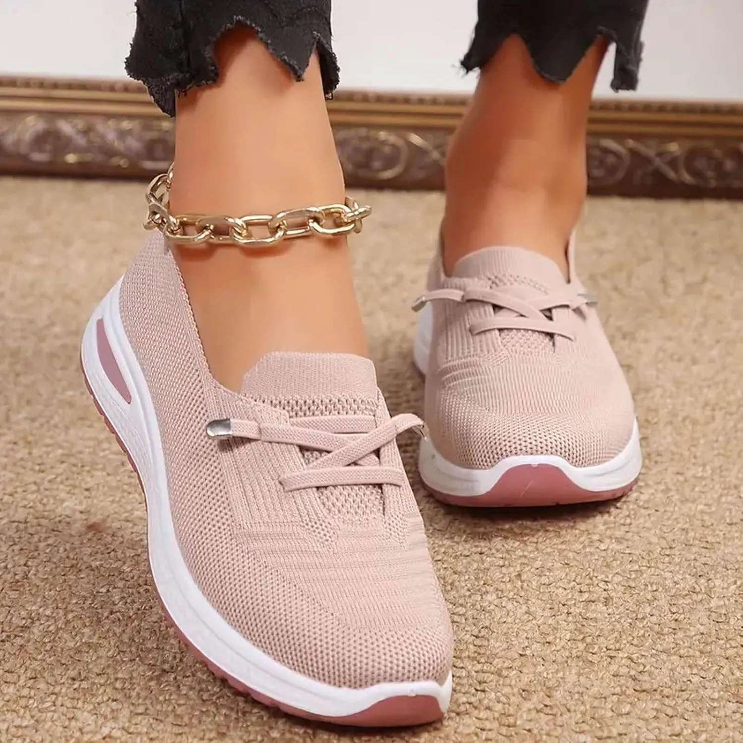 Women Walking Shoes Slip On Orthopedic Sneakers Woven Breathable Soft Slip On Arch Support Shoes Running Jogging Sneaker Lightweight Wide Width Non-Slip Shoe