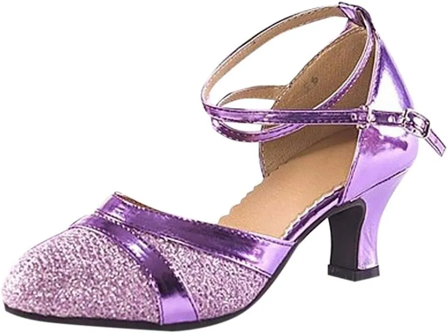 Women's Ballroom Tango Latin Dancing Shoes Sequins Shoes Social Dance Shoe Chunky Low Heel