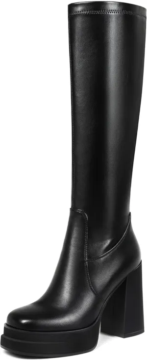Women's Black Platform Knee High Boots Womens High Chunky Heel Square Toe Stretchy Platform Long Boots Shoes for Women(not for wide calf)