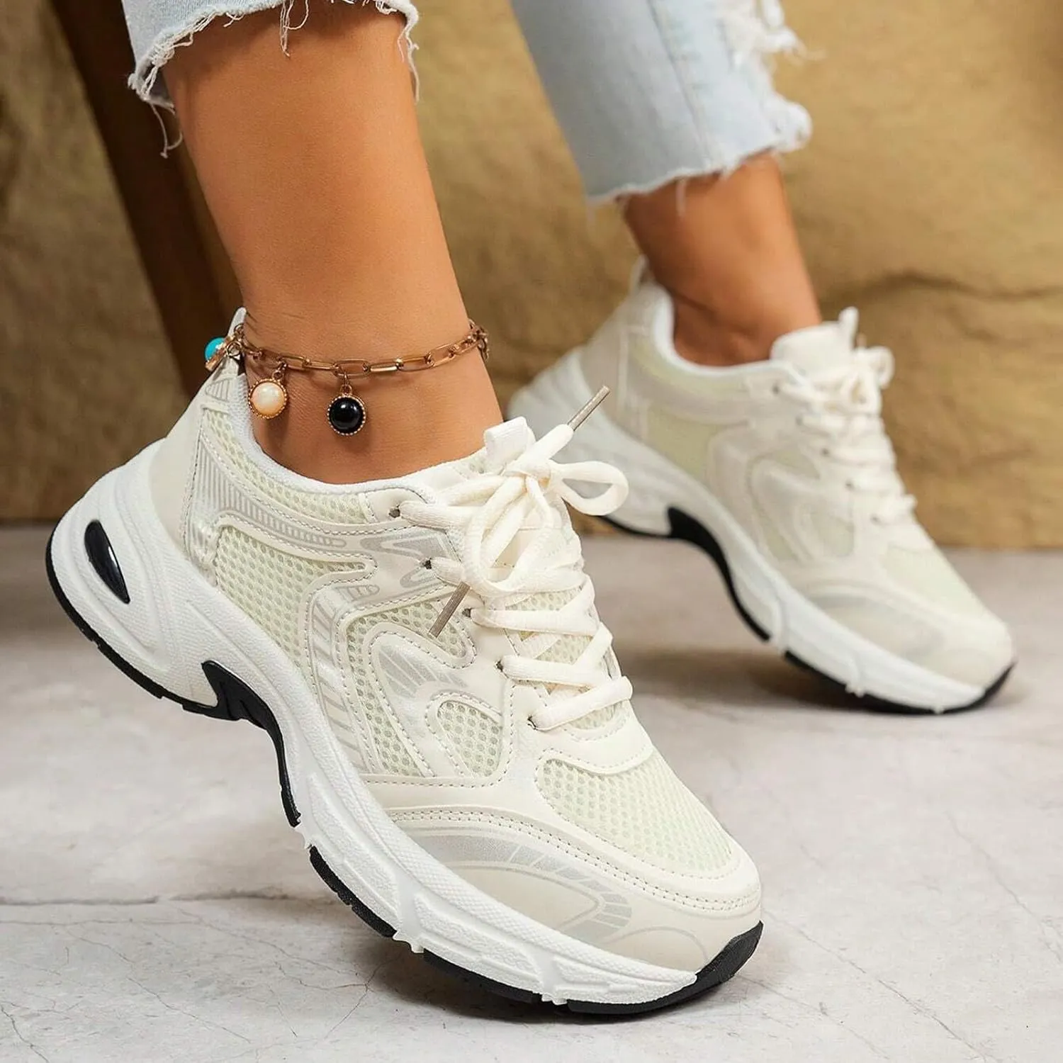 Womens Running Shoes Summer Breathable Lightweigt Cushioned Sneakers,Comfy Walking Shoes with Arch Support,Non Slip Thick Sole High Increasing Sneaker for Women Summer Workout Shoe Outdoor Hiking Gym