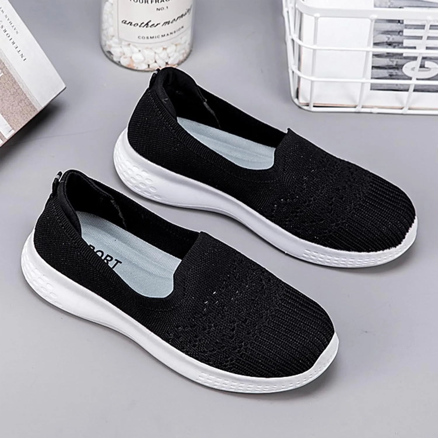 Women's Slip On Mesh Knit Flat Soft Sole Walking Shoes,Summer Non-Slip Breathable Athletic Comfortable Work Memory Foam Lightweight Flat Loafer Nurse Mom Shoes Sneakers