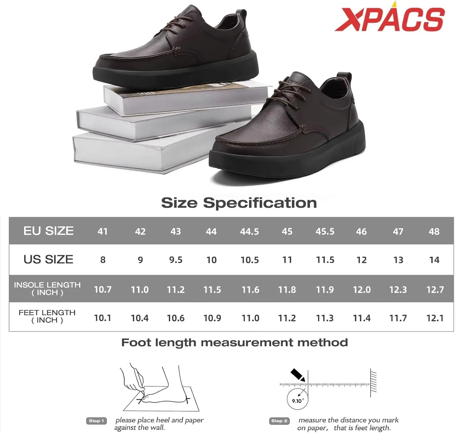 XPACS Men's Orthopedic Leather Dress Walking Shoes: Comfortable Plantar Fasciitis Arch Support Sneakers, Casual Business Work Adjustable Fit Orthotic Flat Feet Oxfords for Heel Foot Pain Relief