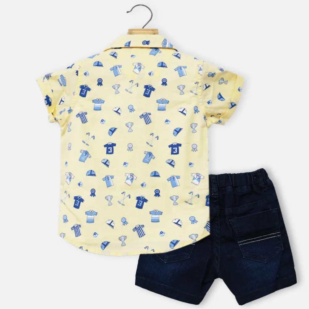 Yellow & Blue Shirt With T-Shirt & Denim Shorts