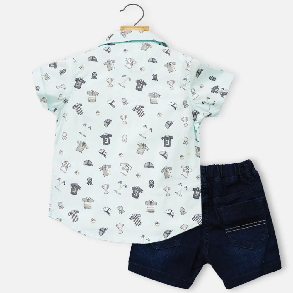 Yellow & Blue Shirt With T-Shirt & Denim Shorts