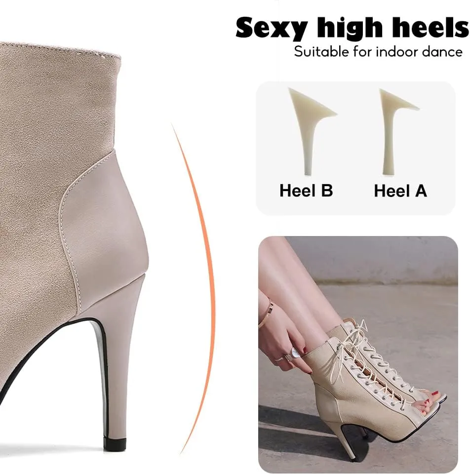 YKXLM Ballroom Dance Boots Women Latin Salsa Peep Toe Lace-up Ankle Dance Shoes