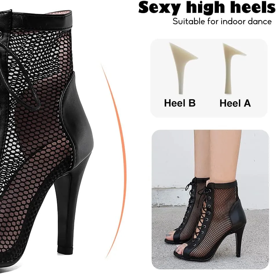 YKXLM Ballroom Dance Boots Women Latin Salsa Peep Toe Lace-up Ankle Dance Shoes