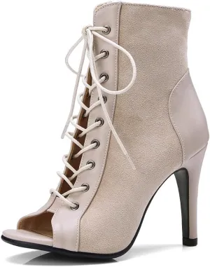 YKXLM Ballroom Dance Boots Women Latin Salsa Peep Toe Lace-up Ankle Dance Shoes