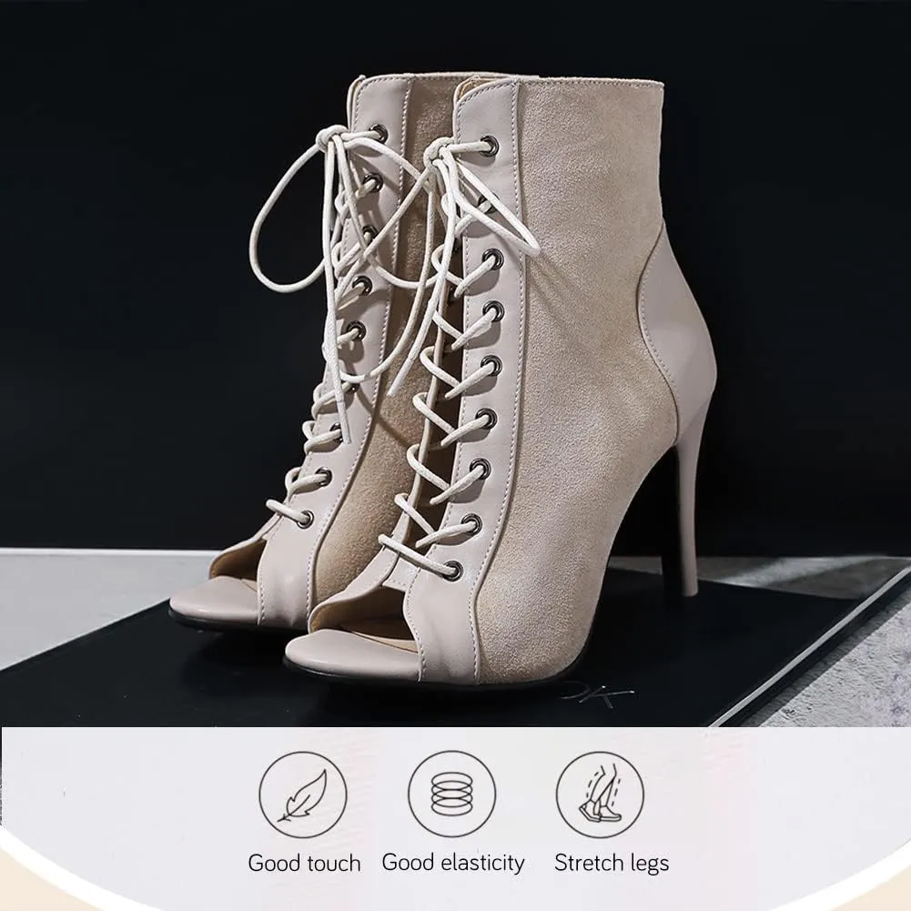 YKXLM Ballroom Dance Boots Women Latin Salsa Peep Toe Lace-up Ankle Dance Shoes
