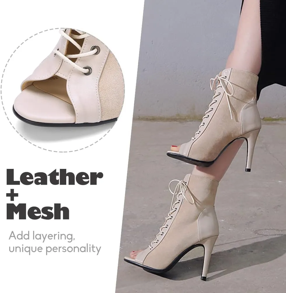 YKXLM Ballroom Dance Boots Women Latin Salsa Peep Toe Lace-up Ankle Dance Shoes