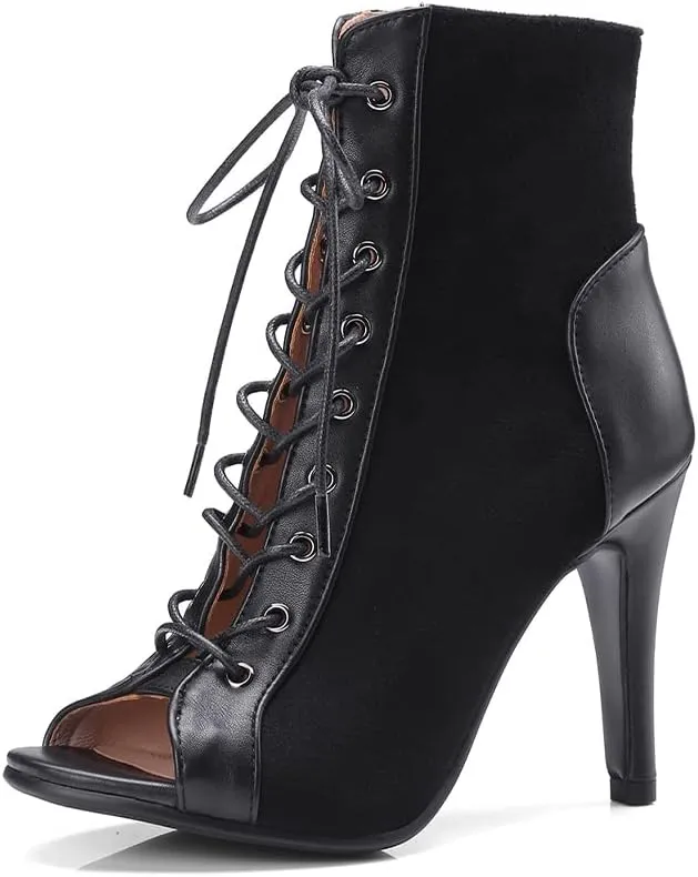 YKXLM Ballroom Dance Boots Women Latin Salsa Peep Toe Lace-up Ankle Dance Shoes,B53,3 inch Heel,Black,7.5 US
