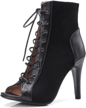 YKXLM Ballroom Dance Boots Women Latin Salsa Peep Toe Lace-up Ankle Dance Shoes,B53,3 inch Heel,Black,7.5 US