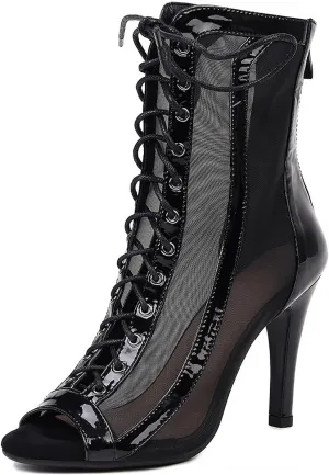 YKXLM Latin Dance Boots Salsa Women Ballroom Lace-up Ankle Open Toe Dance Shoes,953,3 inch Heel,Black,7.5 US