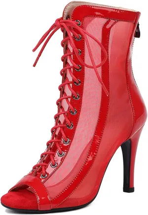 YKXLM Latin Dance Boots Salsa Women Ballroom Lace-up Ankle Open Toe Dance Shoes,953,3 inch Heel,Red,6.5 US