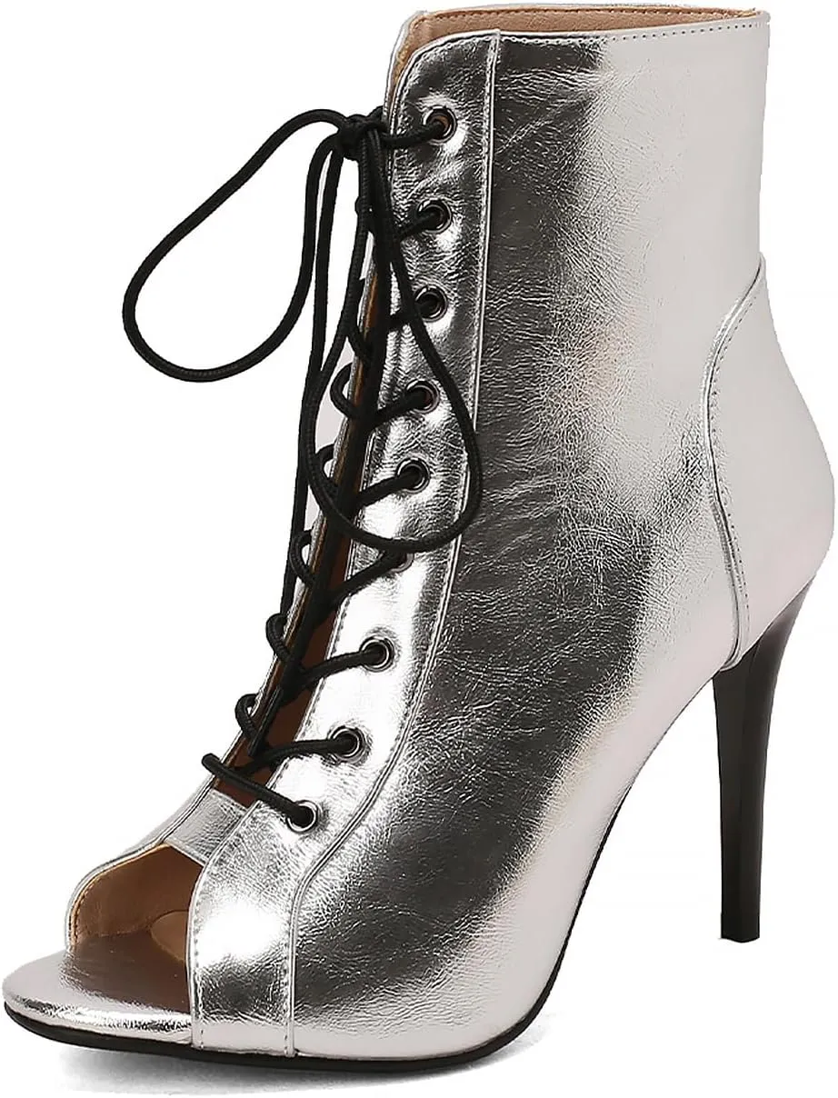 YKXLM Latin Dance Boots Salsa Women Ballroom Lace-up Ankle Open Toe Dance Shoes,9676-1,Silver,9US