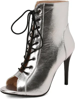 YKXLM Latin Dance Boots Salsa Women Ballroom Lace-up Ankle Open Toe Dance Shoes,9676-1,Silver,9US