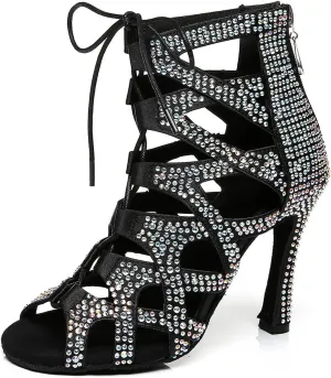 YKXLM Latin Dance Boots Salsa Women Ballroom Lace-up Ankle Open Toe Dance Shoes,L439,4 inch Heel,Black,4.5 US