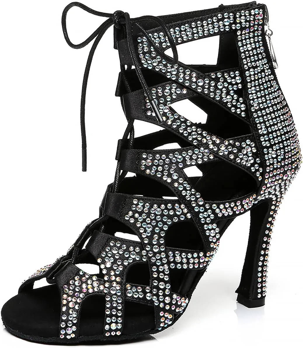 YKXLM Latin Dance Boots Salsa Women Ballroom Lace-up Ankle Open Toe Dance Shoes,L439,4 inch Heel,Black,7.5 US