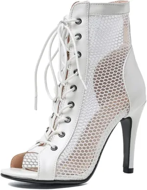 YKXLM Women Open Toe Dance Boots Latin Salsa Ballroom Lace-up Ankle Dance Shoes,B55,4 inch Heel.5,White,5.5 US