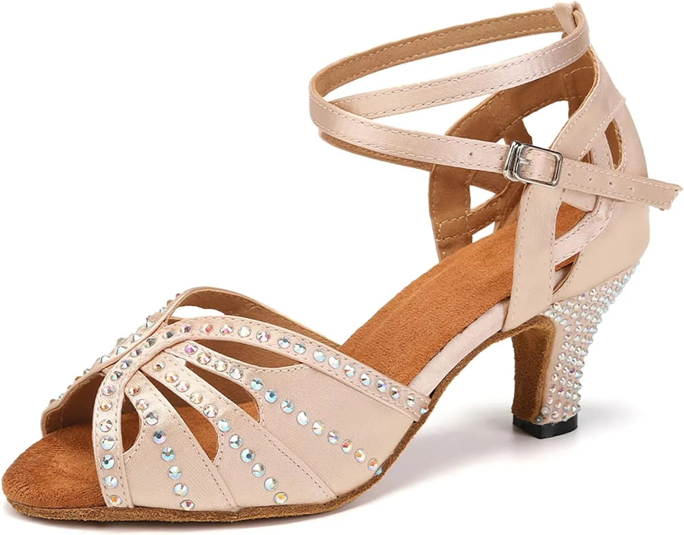 YKXLM Women Rhinestone Ballroom Dance Shoes Latin Performance Dance Shoes Women Suede Sole,2 1/3 inch Heel,Beige,5US