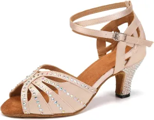YKXLM Women Rhinestone Ballroom Dance Shoes Latin Performance Dance Shoes Women Suede Sole,2 1/3 inch Heel,Beige,5US