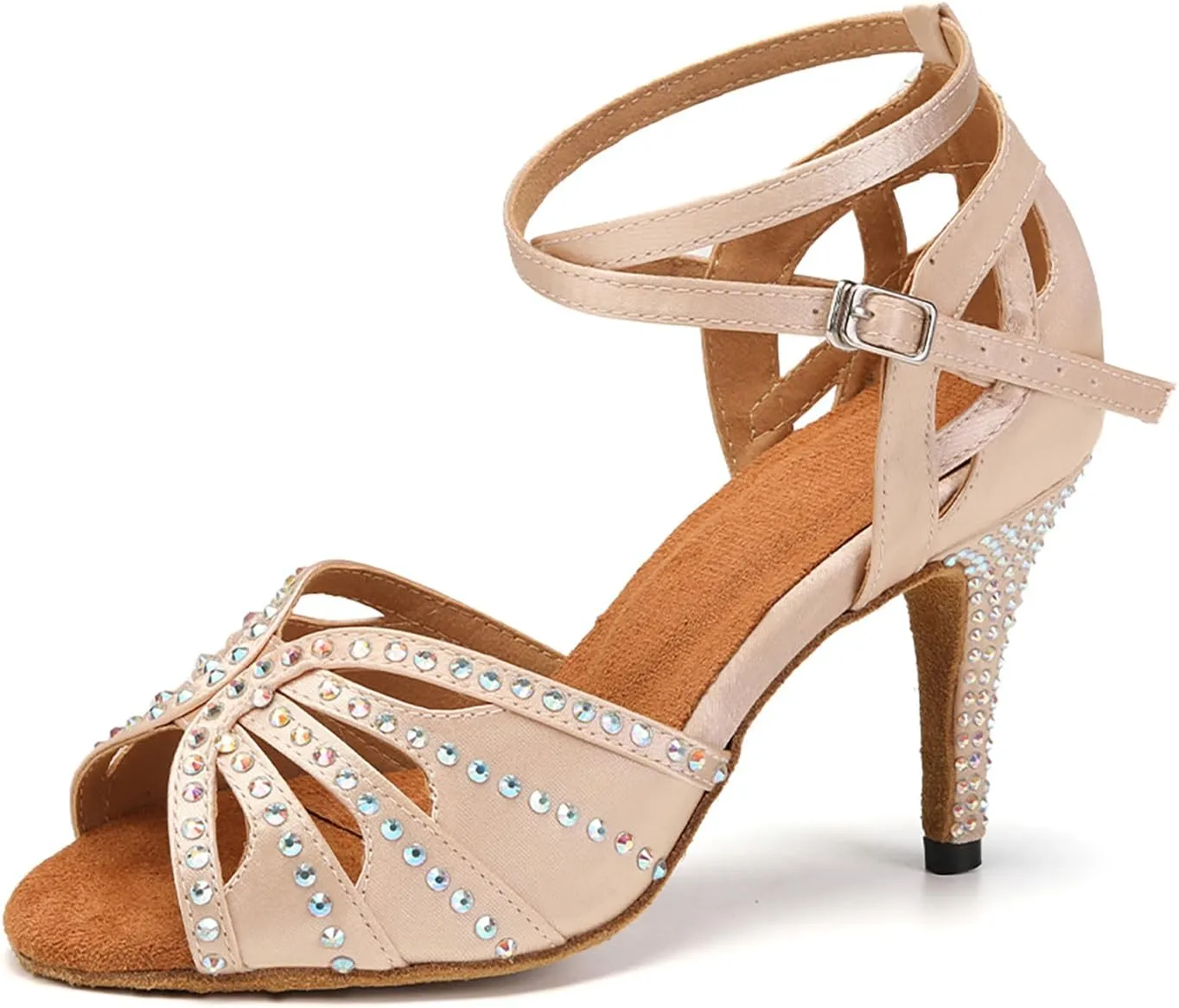 YKXLM Women Rhinestone Ballroom Dance Shoes Latin Performance Dance Shoes Women Suede Sole,L162,3 1/3 inches Heel,Beige,9 US