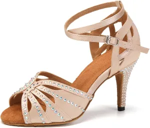 YKXLM Women Rhinestone Ballroom Dance Shoes Latin Performance Dance Shoes Women Suede Sole,L162,3 1/3 inches Heel,Beige,9 US