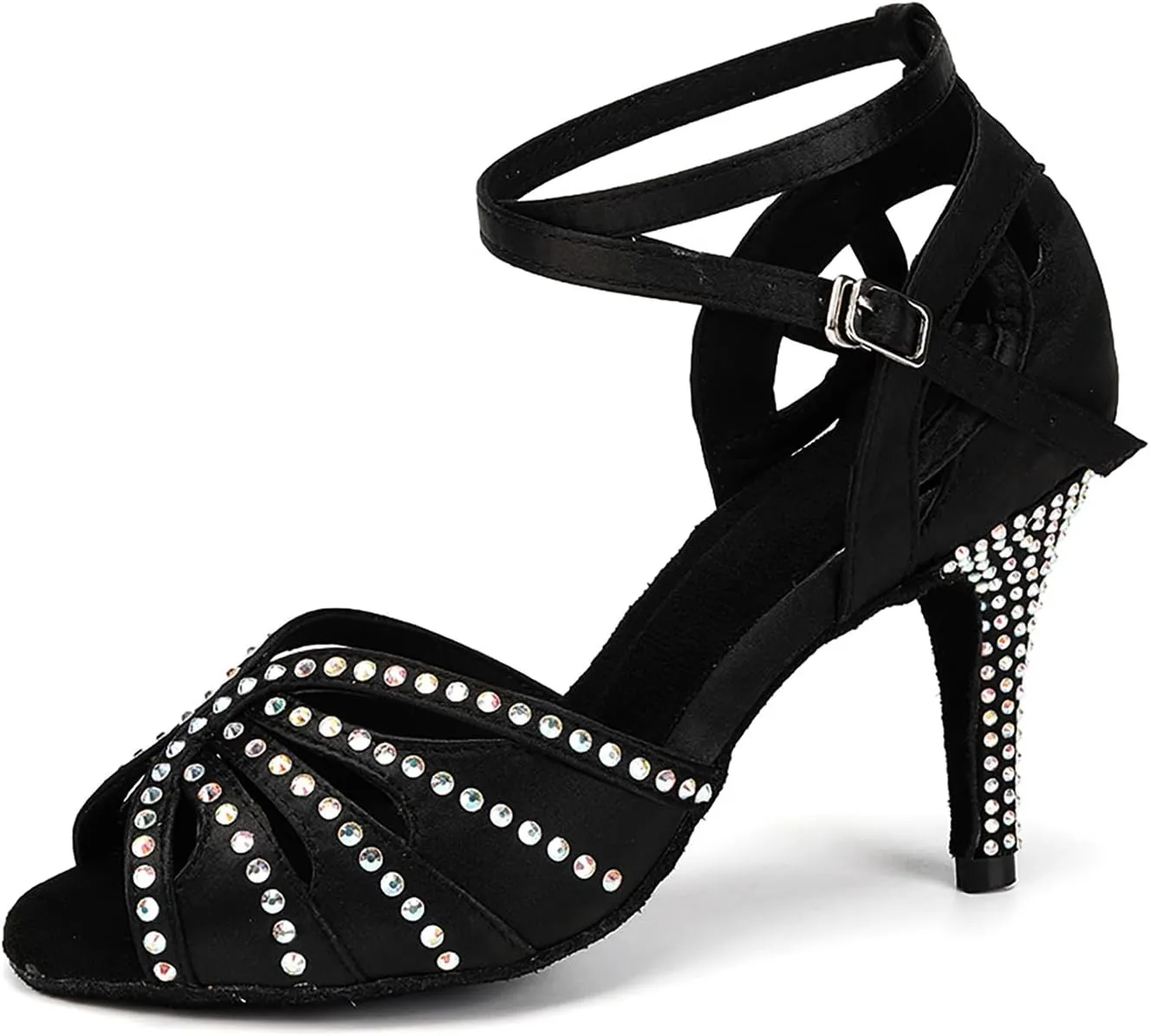 YKXLM Women Rhinestone Ballroom Dance Shoes Latin Performance Dance Shoes Women Suede Sole,L162,3 1/3 inches Heel,Black,9.5 US