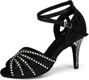YKXLM Women Rhinestone Ballroom Dance Shoes Latin Performance Dance Shoes Women Suede Sole,L162,3 1/3 inches Heel,Black,9.5 US