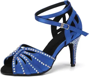 YKXLM Women Rhinestone Ballroom Dance Shoes Latin Performance Dance Shoes Women Suede Sole,L162,3 1/3 inches Heel,Blue,5 US