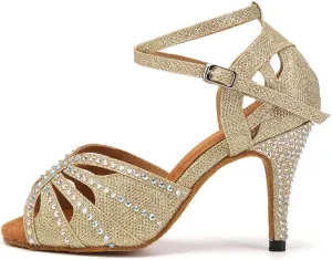 YKXLM Women Rhinestone Ballroom Dance Shoes Latin Performance Dance Shoes Women Suede Sole,L162,3 1/3 inches Heel,Gold,8.5 US
