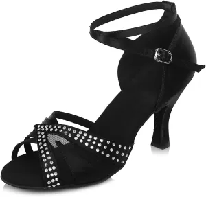 YKXLM Women Rhinestone Ballroom Dance Shoes Latin Performance Dance Shoes Women Suede Sole,L165,2 1/3 inches Heel,Black,6.5US