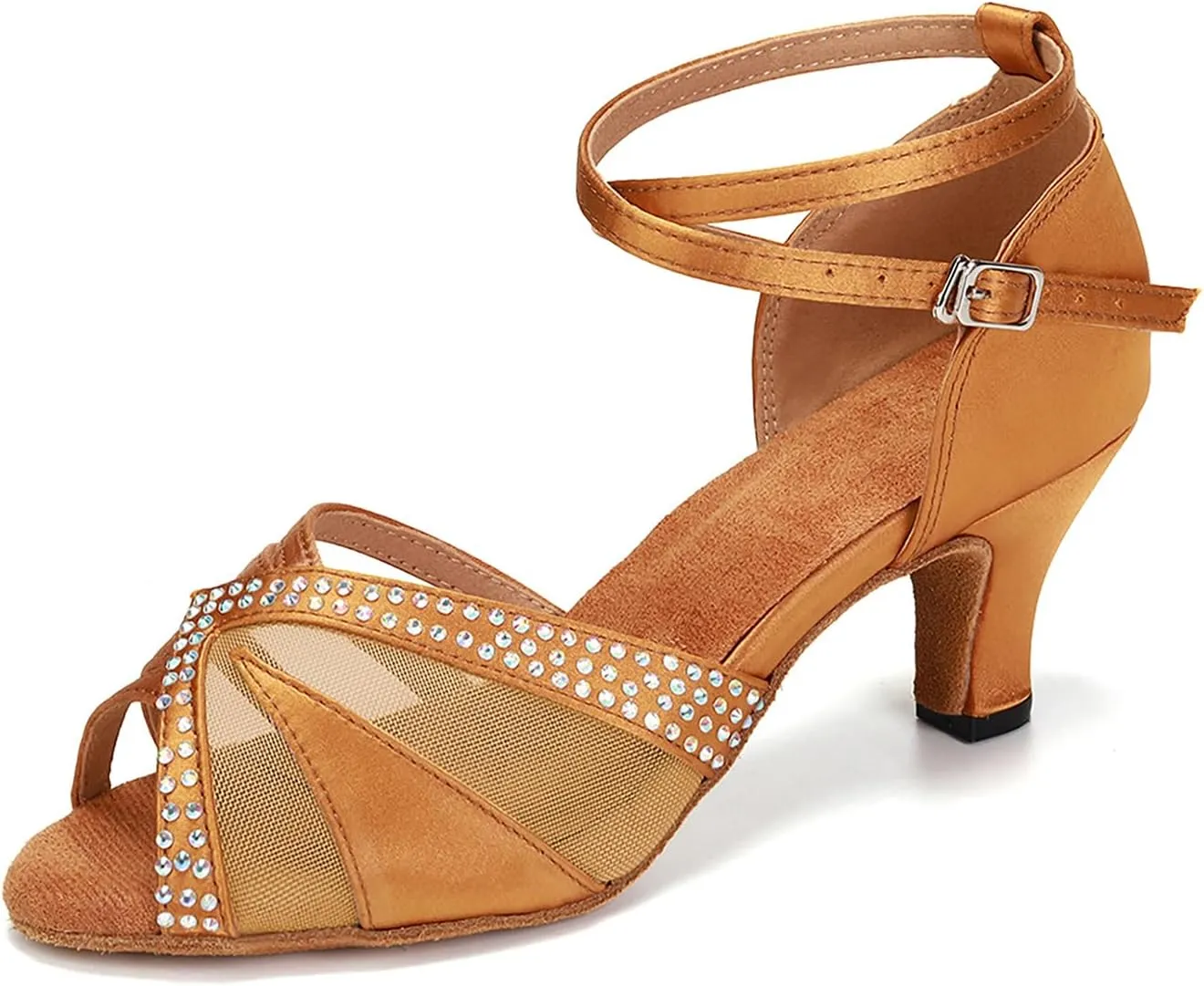 YKXLM Women Rhinestone Ballroom Dance Shoes Latin Performance Dance Shoes Women Suede Sole,L165,2 1/3 inches Heel,Brown,9US