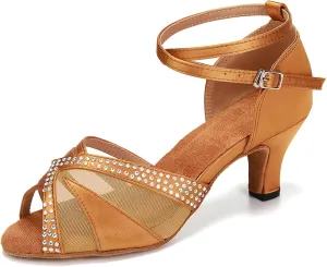 YKXLM Women Rhinestone Ballroom Dance Shoes Latin Performance Dance Shoes Women Suede Sole,L165,2 1/3 inches Heel,Brown,9US