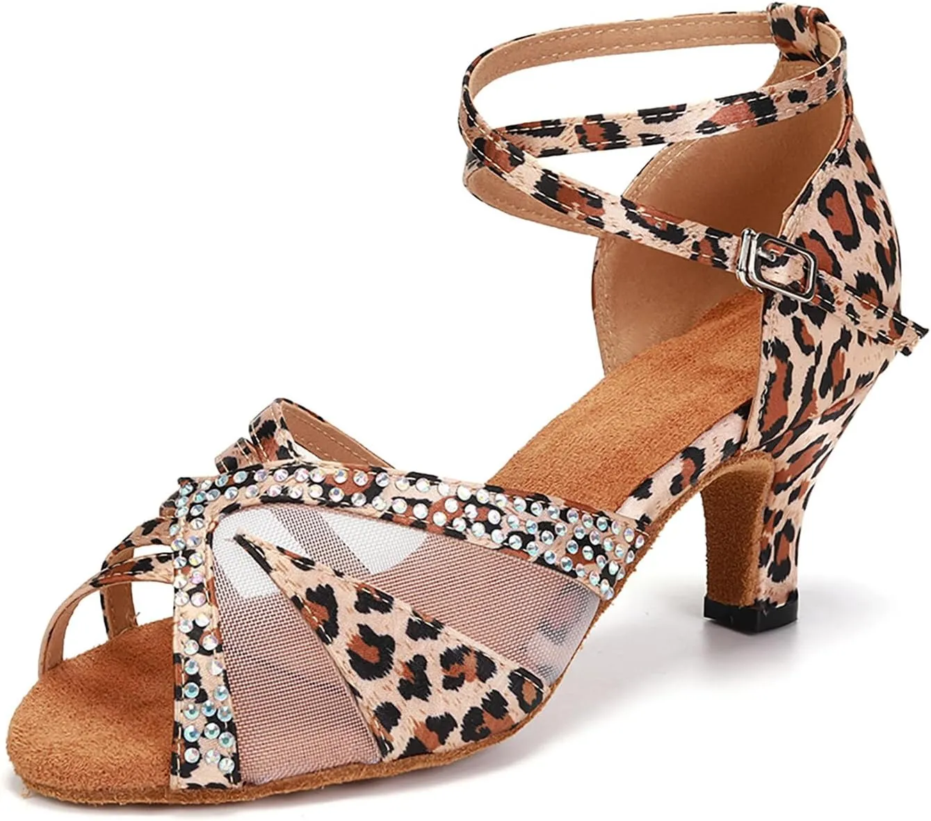 YKXLM Women Rhinestone Ballroom Dance Shoes Latin Performance Dance Shoes Women Suede Sole,L165,2 1/3 inches Heel,Leopard,9US