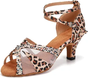 YKXLM Women Rhinestone Ballroom Dance Shoes Latin Performance Dance Shoes Women Suede Sole,L165,2 1/3 inches Heel,Leopard,9US