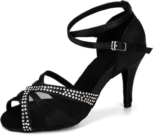 YKXLM Women Rhinestone Ballroom Dance Shoes Latin Performance Dance Shoes Women Suede Sole,L165,3 1/3 inches Heel,Black,9US