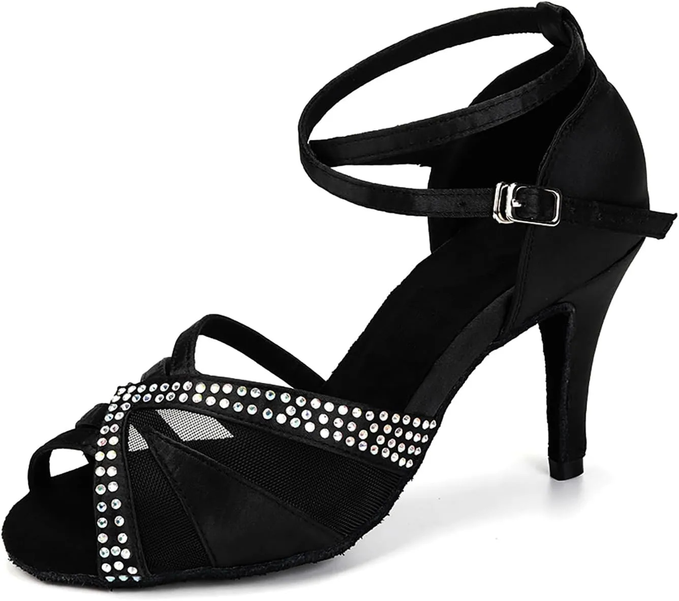 YKXLM Women Rhinestone Ballroom Dance Shoes Latin Performance Dance Shoes Women Suede Sole,L165,3 1/3 inches Heel,Black,9US