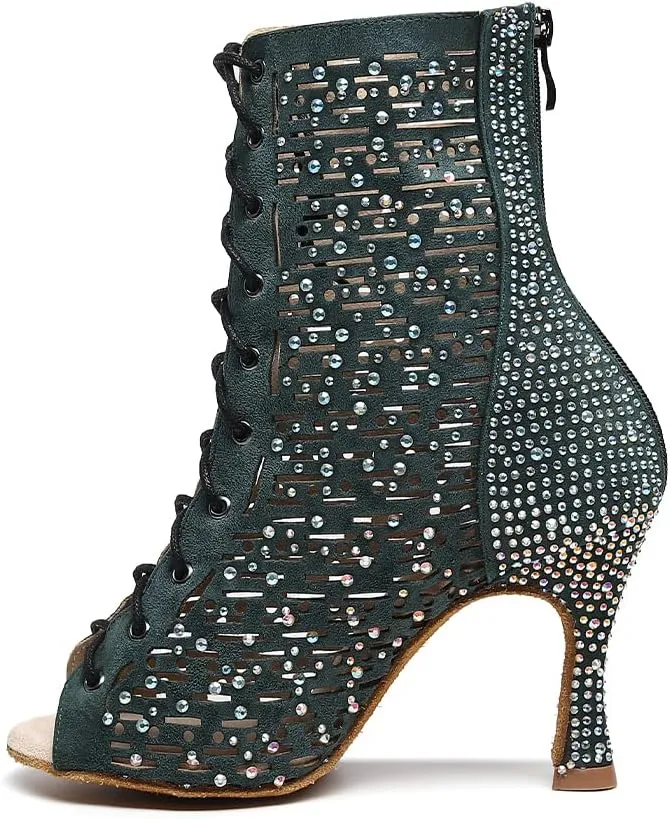 YKXLM Women's Ballroom Latin Salsa Dance Shoes Lace-up Open-Toe Dance Boots Rhinestones,9007