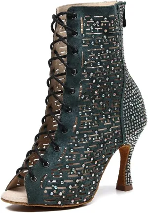 YKXLM Women's Ballroom Latin Salsa Dance Shoes Lace-up Open-Toe Dance Boots Rhinestones,9007